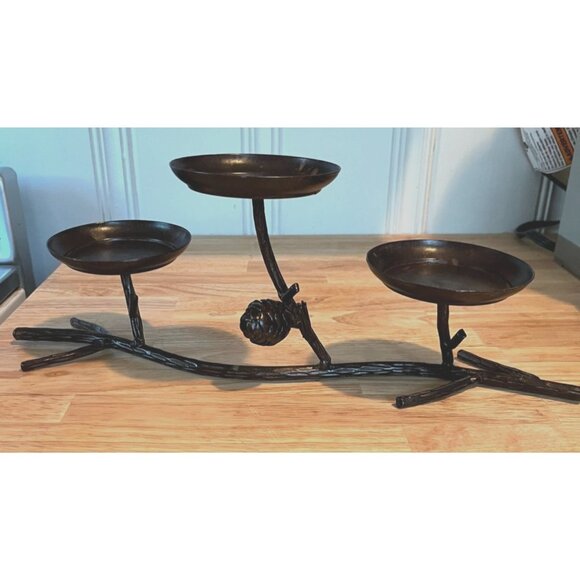 Three Tier Black Metal Twig Candle Holder With Pine Cone Accent - Picture 1 of 8